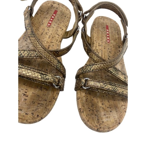 Prada Gold & Tan Reptile Leather Cork Sandals - Picture 3 of 9